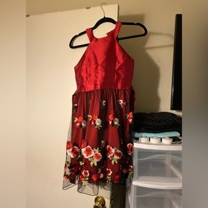 Red, black mesh overlay, embroidered, tie-back dress